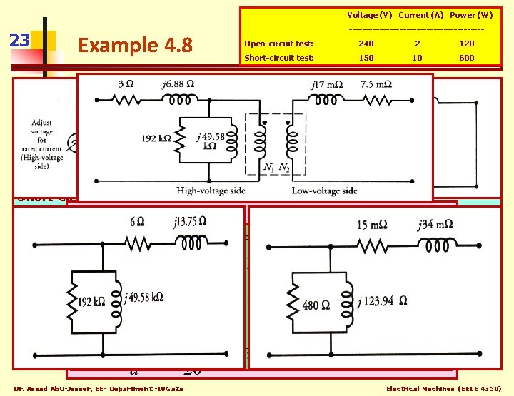 Voltage (V) Current (A) Power (W) 23 Example 4. 8 --------------------Open-circuit test: 240 2