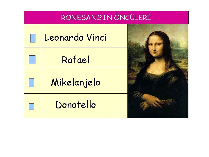 RÖNESANS’IN ÖNCÜLERİ Leonarda Vinci Rafael Mikelanjelo Donatello 