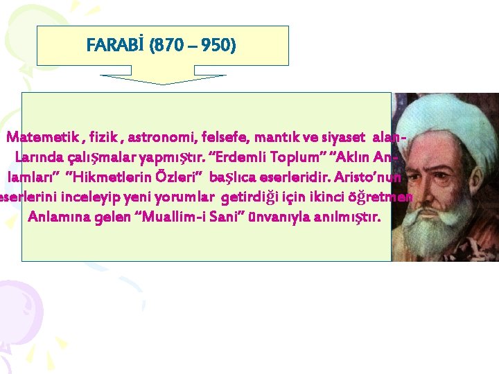 FARABİ (870 – 950) Matemetik , fizik , astronomi, felsefe, mantık ve siyaset alan.