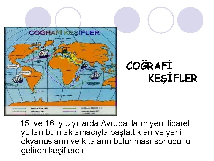 COĞRAFİ KEŞİFLER 15. ve 16. yüzyıllarda Avrupalıların yeni ticaret yolları bulmak amacıyla başlattıkları ve