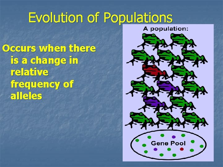 Evolution of Populations Occurs when there is a change in relative frequency of alleles