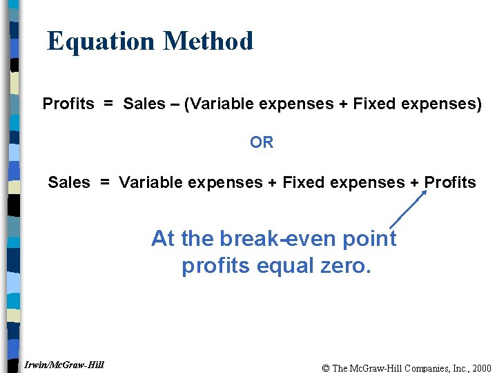 Equation Method Profits = Sales – (Variable expenses + Fixed expenses) OR Sales =