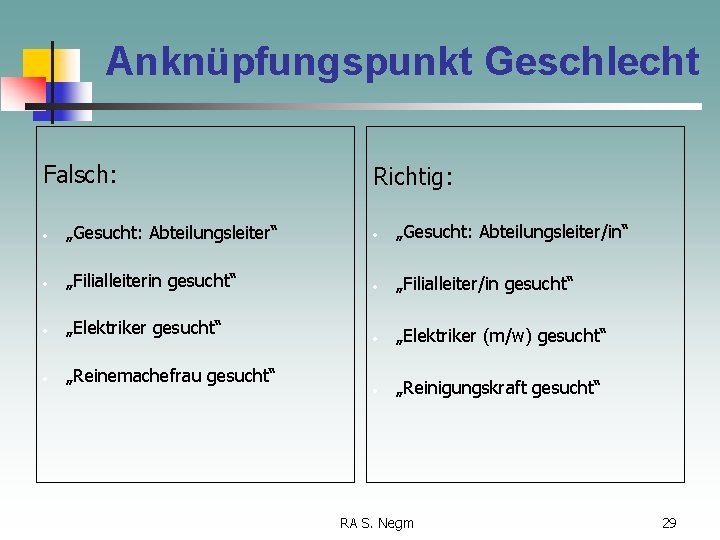 Anknüpfungspunkt Geschlecht Falsch: Richtig: • „Gesucht: Abteilungsleiter“ • „Gesucht: Abteilungsleiter/in“ • „Filialleiterin gesucht“ •