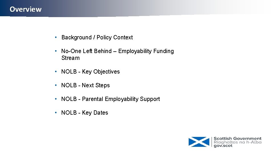 Overview • Background / Policy Context • No-One Left Behind – Employability Funding Stream