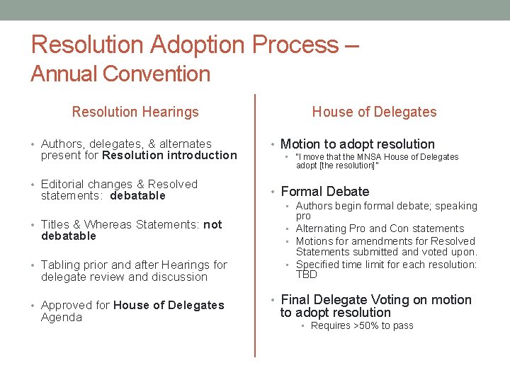 Resolution Adoption Process – Annual Convention Resolution Hearings • Authors, delegates, & alternates present