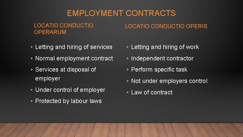 EMPLOYMENT CONTRACTS LOCATIO CONDUCTIO OPERARUM LOCATIO CONDUCTIO OPERIS • Letting and hiring of services