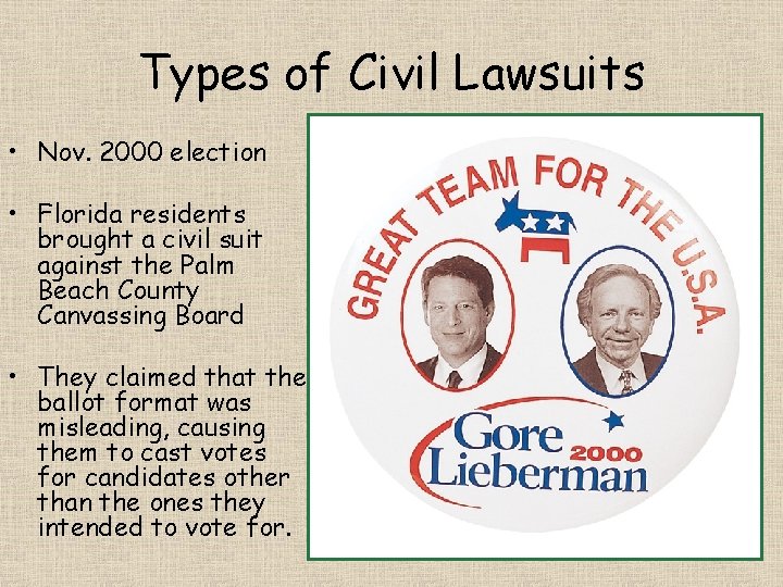 Types of Civil Lawsuits • Nov. 2000 election • Florida residents brought a civil