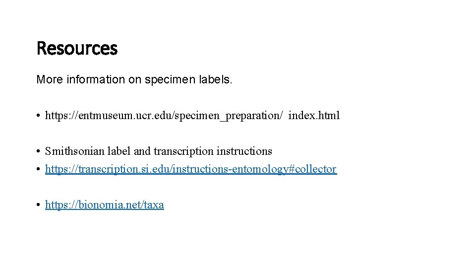Resources More information on specimen labels. • https: //entmuseum. ucr. edu/specimen_preparation/ index. html •