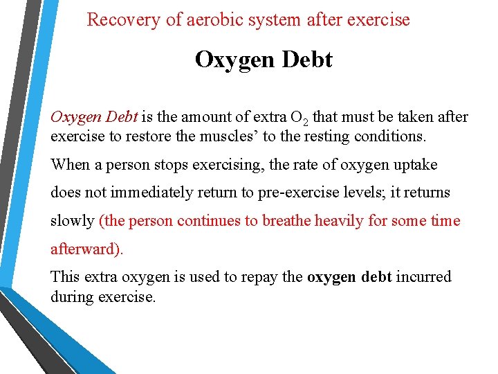 Recovery of aerobic system after exercise Oxygen Debt is the amount of extra O