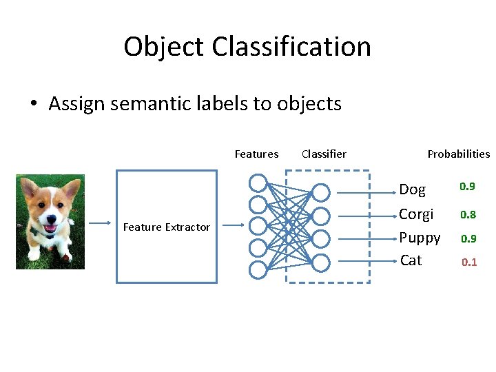 Object Classification • Assign semantic labels to objects Feature Extractor Classifier Probabilities Dog 0.