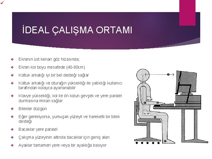 İDEAL ÇALIŞMA ORTAMI v Ekranın üst kenarı göz hizasında; v Ekran kol boyu mesafede