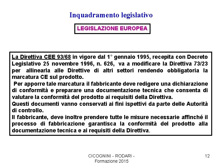 Inquadramento legislativo LEGISLAZIONE EUROPEA La Direttiva CEE 93/68 in vigore dal 1° gennaio 1995,