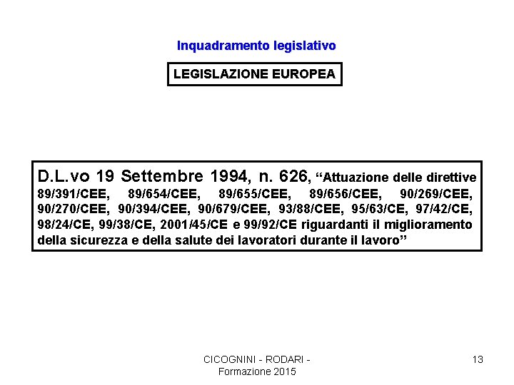 Inquadramento legislativo LEGISLAZIONE EUROPEA D. L. vo 19 Settembre 1994, n. 626, “Attuazione delle