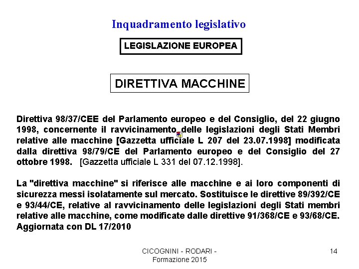 Inquadramento legislativo LEGISLAZIONE EUROPEA DIRETTIVA MACCHINE Direttiva 98/37/CEE del Parlamento europeo e del Consiglio,