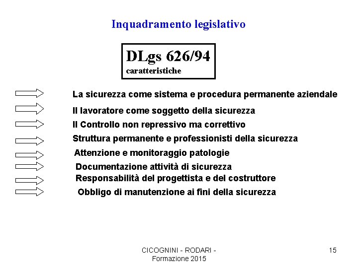 Inquadramento legislativo DLgs 626/94 caratteristiche La sicurezza come sistema e procedura permanente aziendale Il