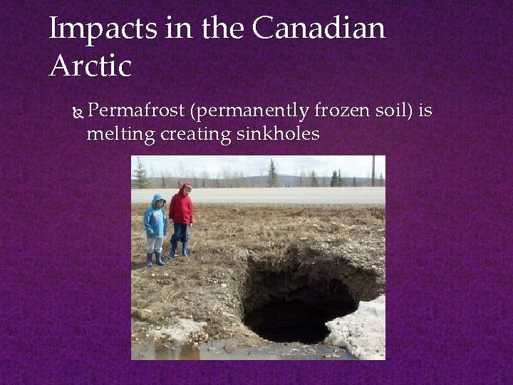 Impacts in the Canadian Arctic Permafrost (permanently frozen soil) is melting creating sinkholes 