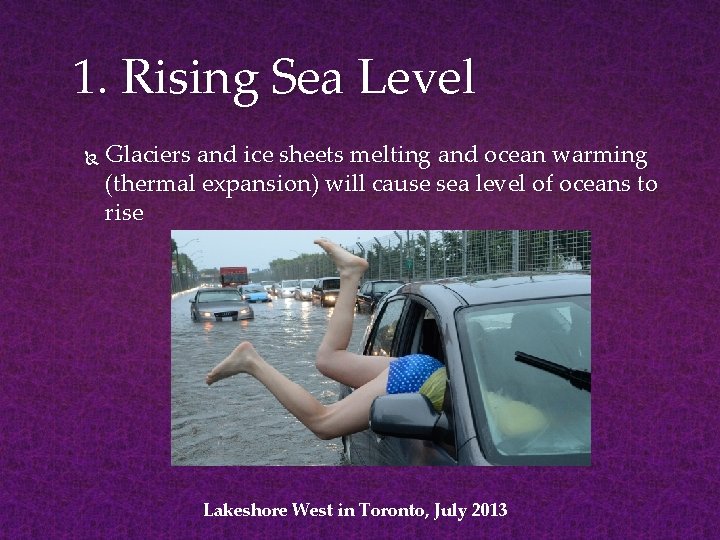 1. Rising Sea Level Glaciers and ice sheets melting and ocean warming (thermal expansion)
