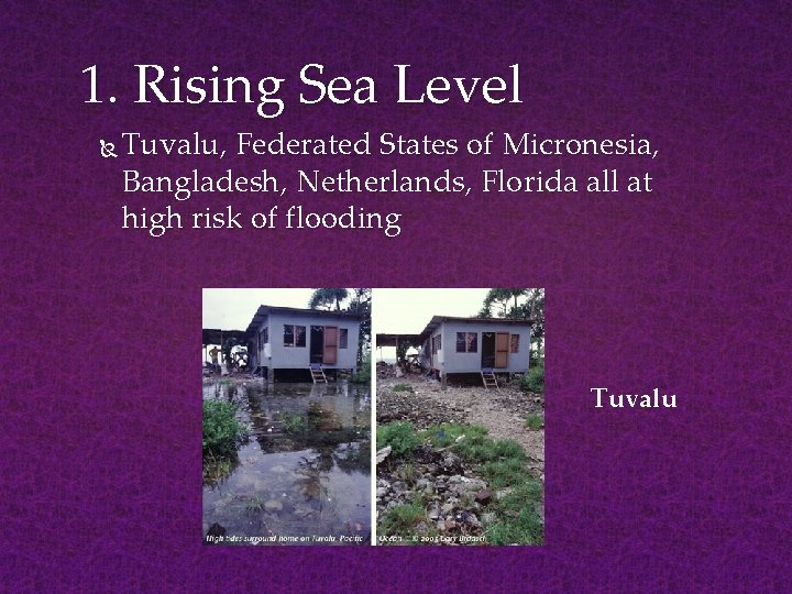 1. Rising Sea Level Tuvalu, Federated States of Micronesia, Bangladesh, Netherlands, Florida all at