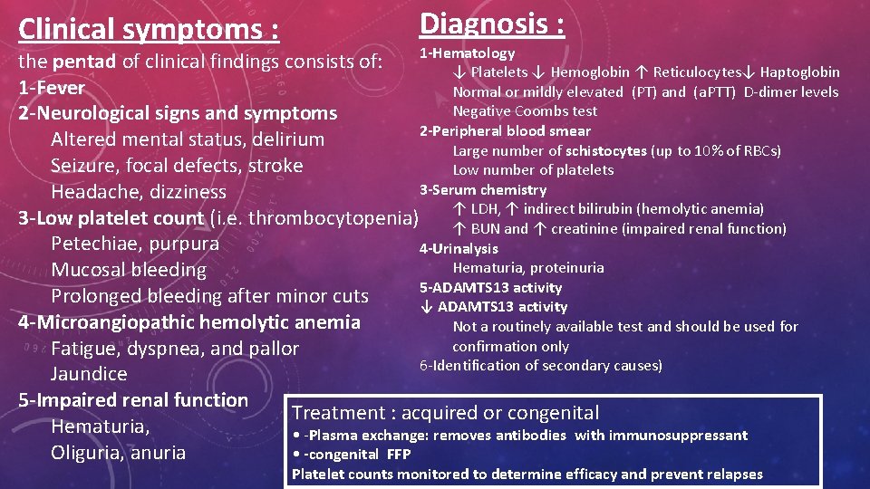 Clinical symptoms : Diagnosis : 1 -Hematology the pentad of clinical findings consists of: