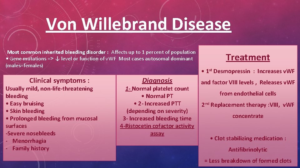 Von Willebrand Disease Most common inherited bleeding disorder : Affects up to 1 percent