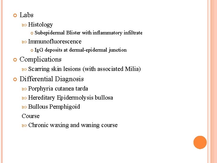  Labs Histology Subepidermal Blister with inflammatory infiltrate Immunofluorescence Ig. G deposits at dermal-epidermal