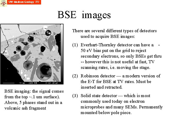 BSE images There are several different types of detectors used to acquire BSE images: