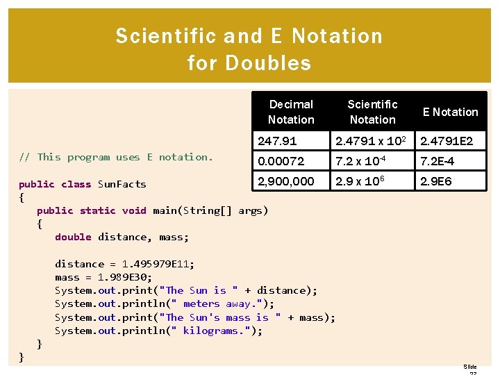 Scientific and E Notation for Doubles Decimal Notation // This program uses E notation. Scientific and E Notation for Doubles Decimal Notation // This program uses E notation.
