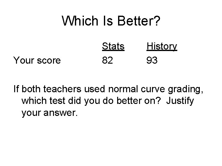 Which Is Better? Your score Stats 82 History 93 If both teachers used normal