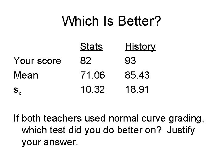 Which Is Better? Your score Mean sx Stats 82 71. 06 10. 32 History