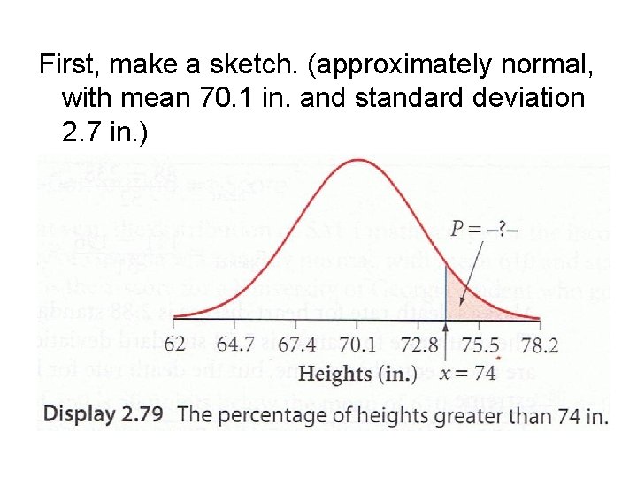 First, make a sketch. (approximately normal, with mean 70. 1 in. and standard deviation