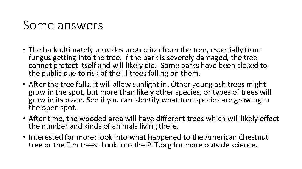 Some answers • The bark ultimately provides protection from the tree, especially from fungus