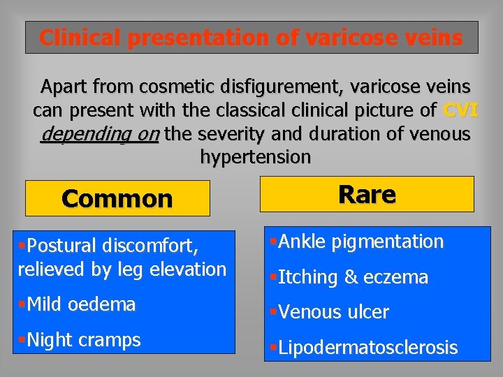 Clinical presentation of varicose veins Apart from cosmetic disfigurement, varicose veins can present with