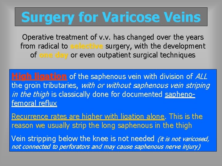 Surgery for Varicose Veins Operative treatment of v. v. has changed over the years