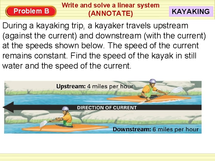 Problem B Write and solve a linear system (ANNOTATE) KAYAKING During a kayaking trip,