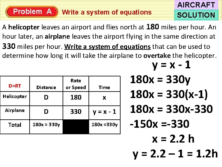Problem A Write a system of equations AIRCRAFT SOLUTION A helicopter leaves an airport