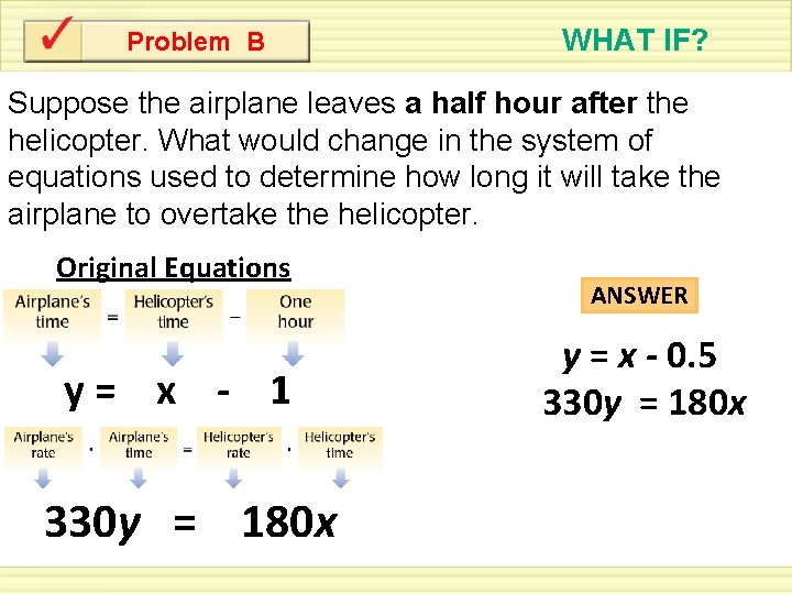 Problem B WHAT IF? Suppose the airplane leaves a half hour after the helicopter.