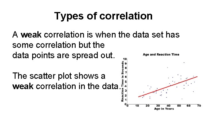 Types of correlation A weak correlation is when the data set has some correlation