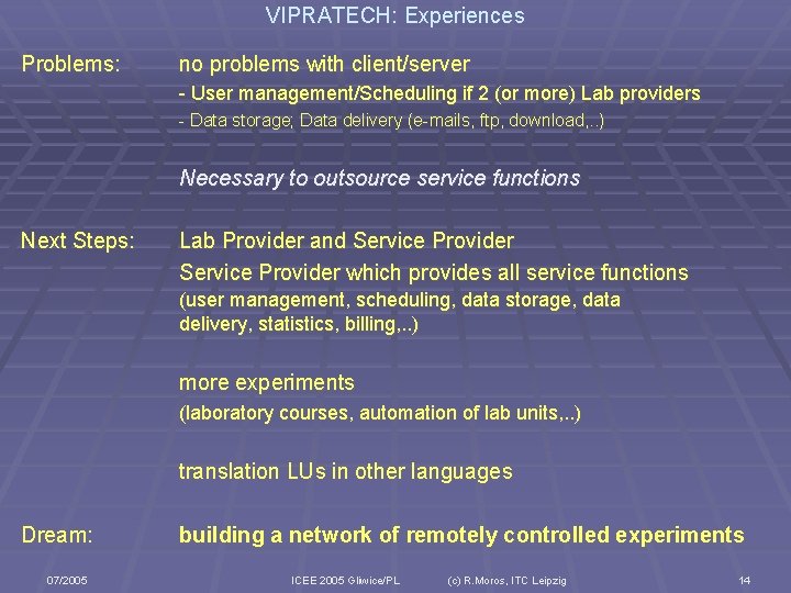 VIPRATECH: Experiences Problems: no problems with client/server - User management/Scheduling if 2 (or more)
