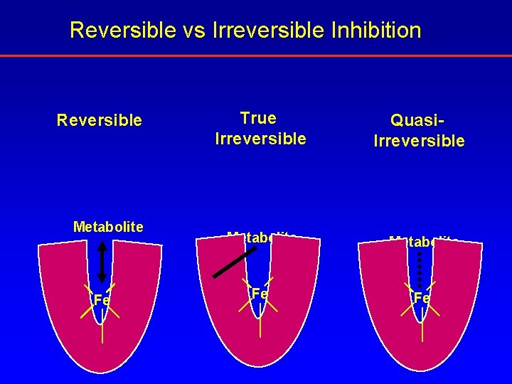 Reversible vs Irreversible Inhibition Reversible Metabolite Fe True Irreversible Quasi. Irreversible Metabolite Fe Fe