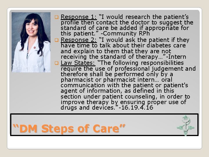 Response 1: “I would research the patient’s profile then contact the doctor to suggest