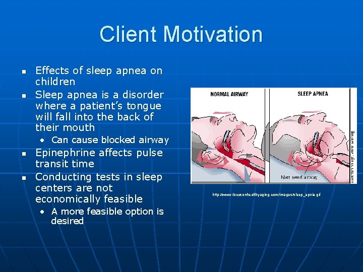 Client Motivation n n Effects of sleep apnea on children Sleep apnea is a