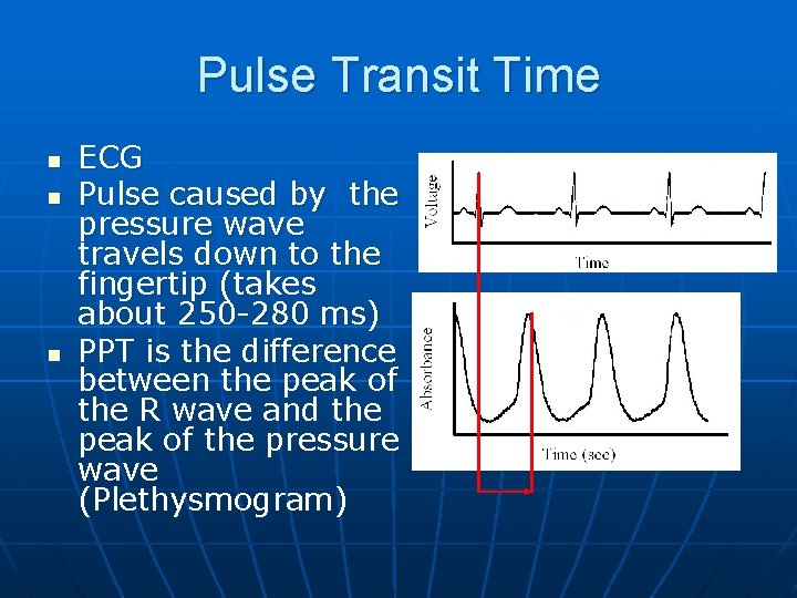 Pulse Transit Time n n n ECG Pulse caused by the pressure wave travels
