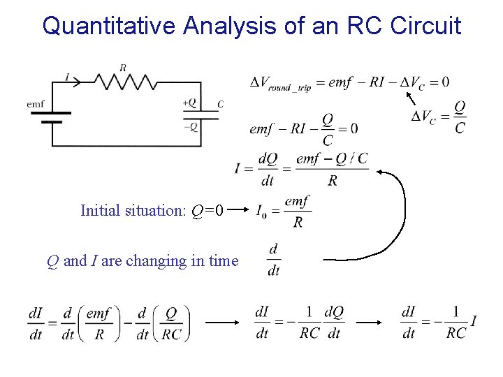 Quantitative Analysis of an RC Circuit Initial situation: Q=0 Q and I are changing