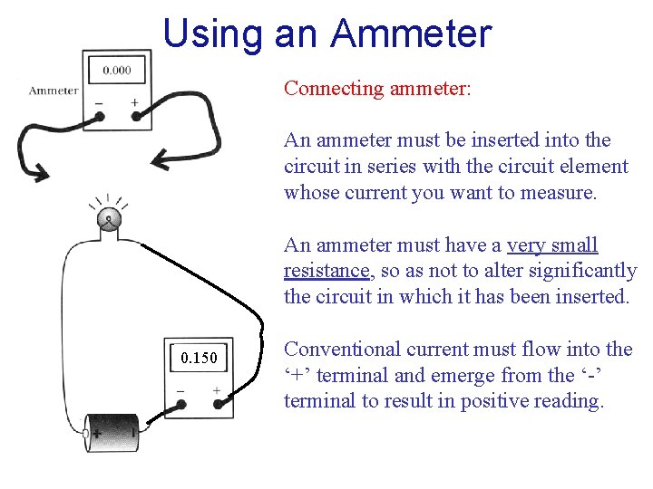 Using an Ammeter Connecting ammeter: An ammeter must be inserted into the circuit in