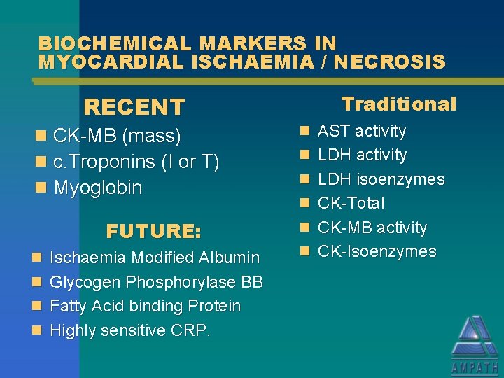 BIOCHEMICAL MARKERS IN MYOCARDIAL ISCHAEMIA / NECROSIS RECENT n CK-MB (mass) n c. Troponins