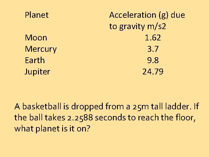 Planet Moon Mercury Earth Jupiter Acceleration (g) due to gravity m/s 2 1. 62