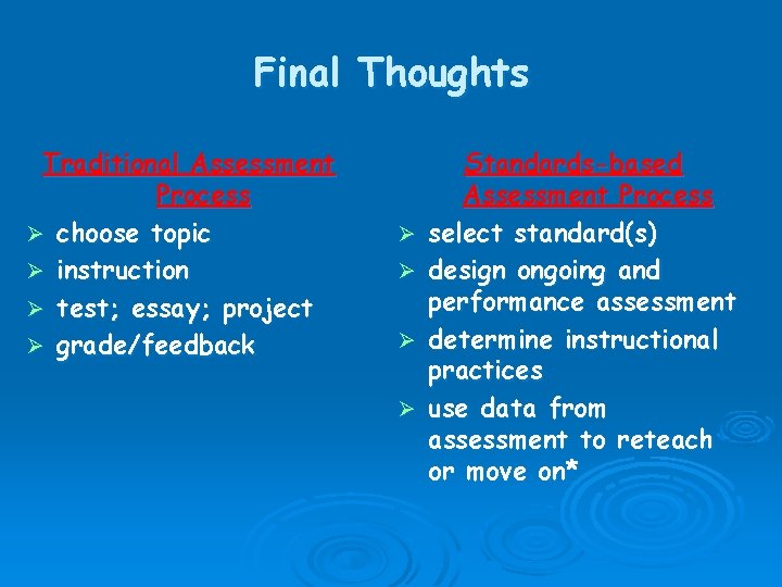 Final Thoughts Traditional Assessment Process Ø choose topic Ø instruction Ø test; essay; project