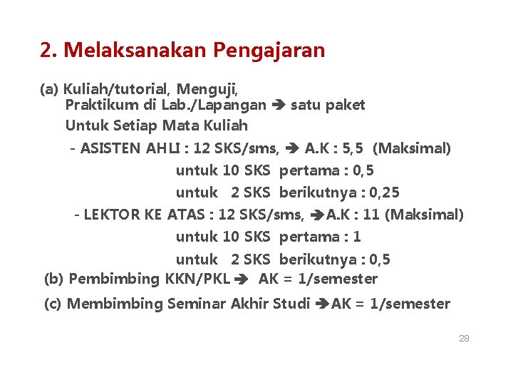 2. Melaksanakan Pengajaran (a) Kuliah/tutorial, Menguji, Praktikum di Lab. /Lapangan satu paket Untuk Setiap