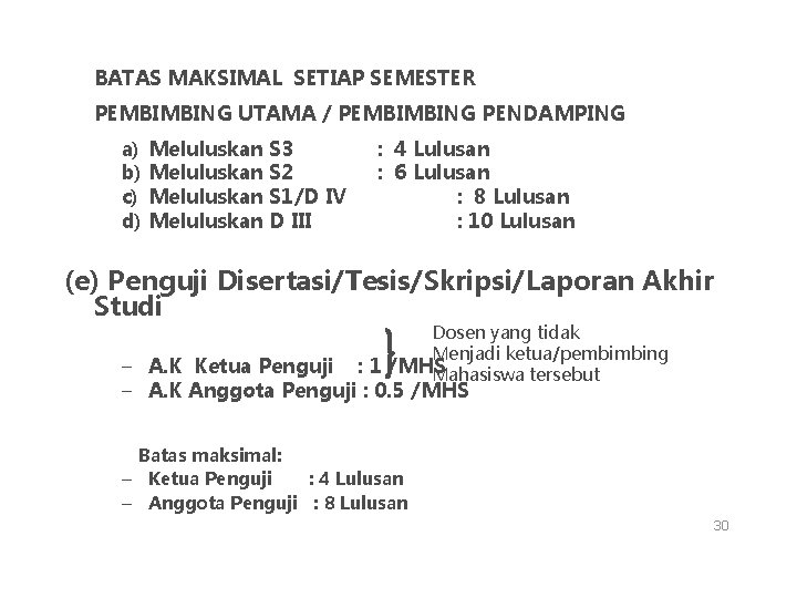 BATAS MAKSIMAL SETIAP SEMESTER PEMBIMBING UTAMA / PEMBIMBING PENDAMPING a) b) c) d) Meluluskan