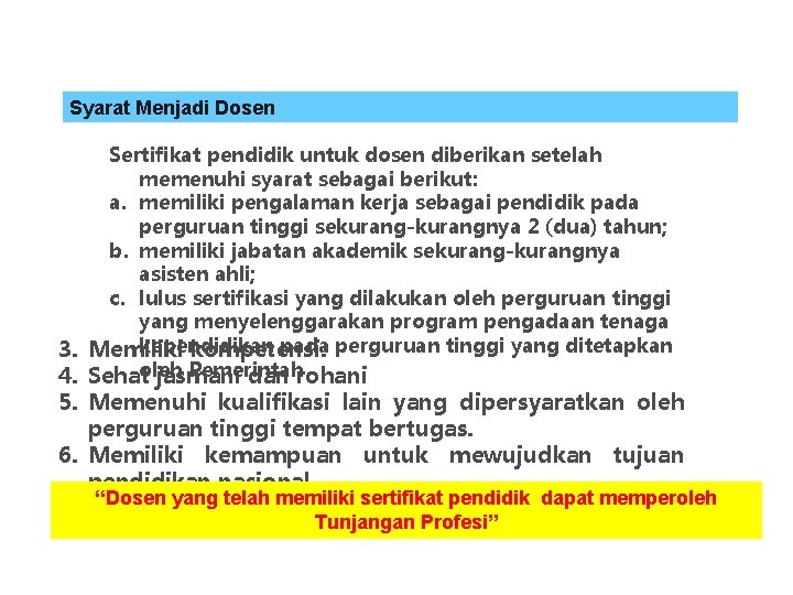 Syarat Menjadi Dosen Sertifikat pendidik untuk dosen diberikan setelah memenuhi syarat sebagai berikut: a.